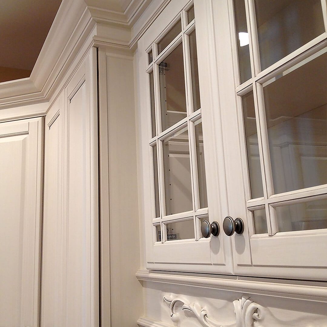 Our Work - Kinetic Kitchen and Bath Gallery Photo closeup of cabinetry work in pearl with filigree beneath